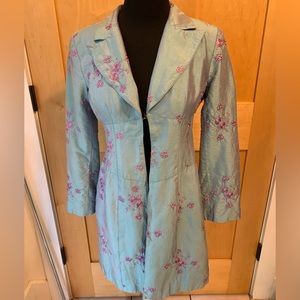 Nanette Lepore Petite 4 Blue Silk Embroidered Coat/Long Jacket